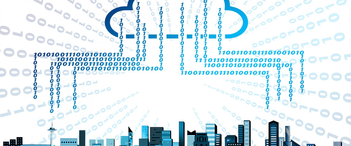 Digitale Grafik einer Wolke über einer Stadt, die die verschiedenen Häuser mit Code verbindet